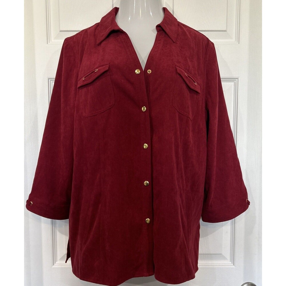 JM Collection Women's Suede Look Snap Front Shacket Blouse Stretch Burgundy XL